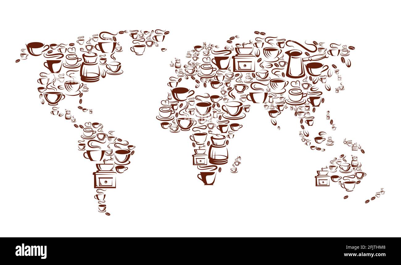 Steaming coffee cups, pots and beans, vector world map with brown mugs and cups of hot espresso, cappuccino or latte drinks, coffee bean grinders and Stock Vector