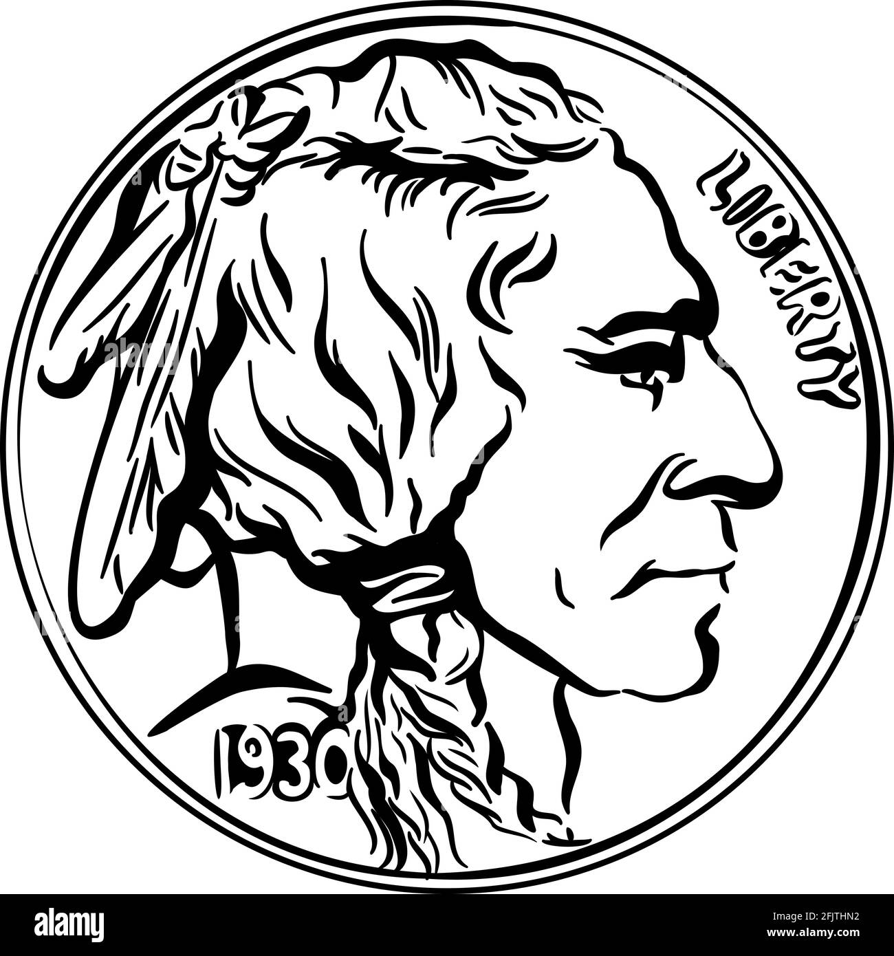 Black and white American money, Obverse of Buffalo nickel or Indian Head nickel 5 Cent Coin Stock Vector