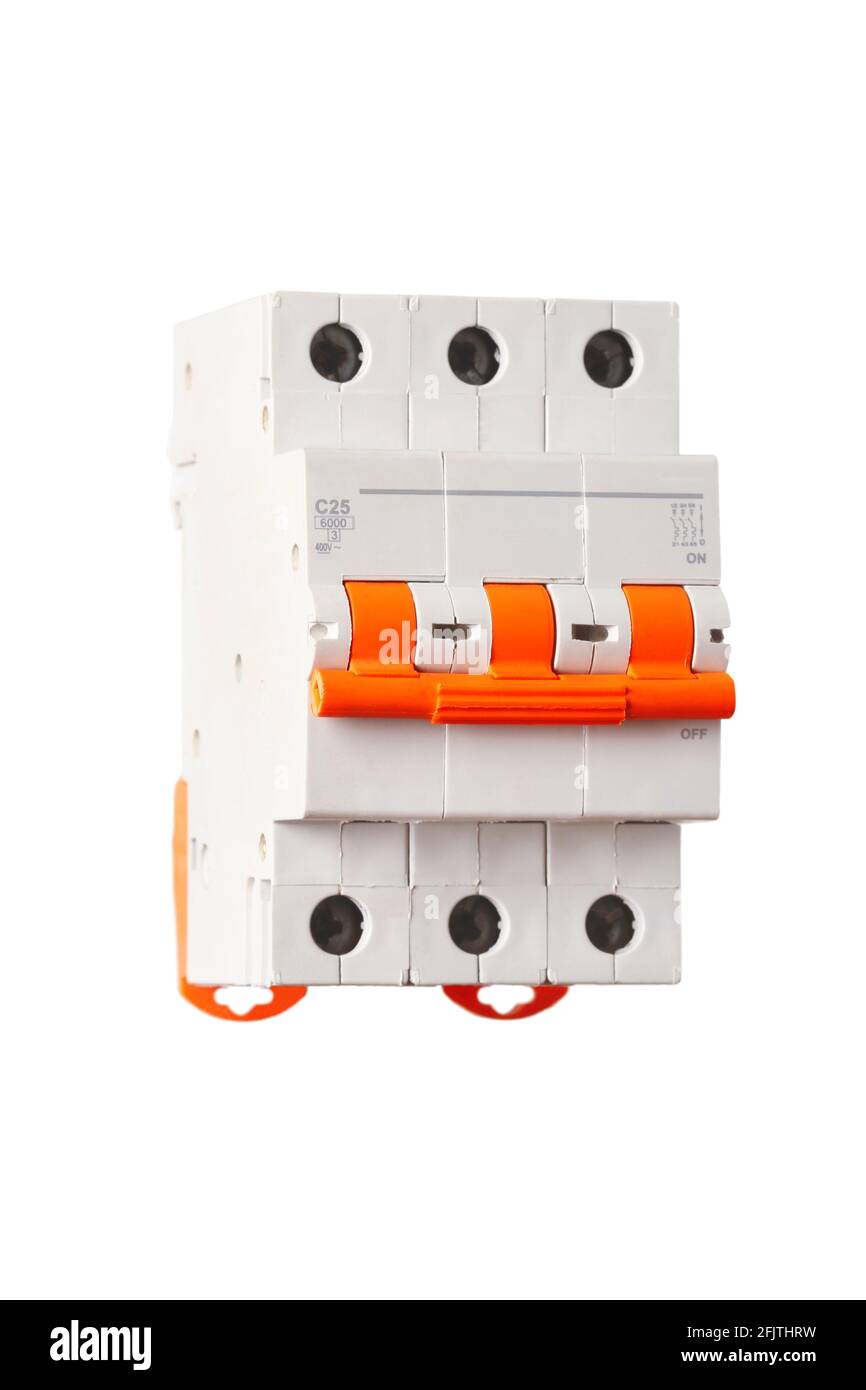 Three pole circuit breaker for low voltage electrical installations isolated on white background Stock Photo