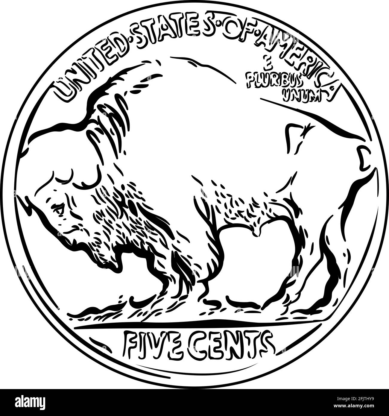 Black and white American money 5 Cent Coin, Reverse of Buffalo nickel with American Bison Stock Vector