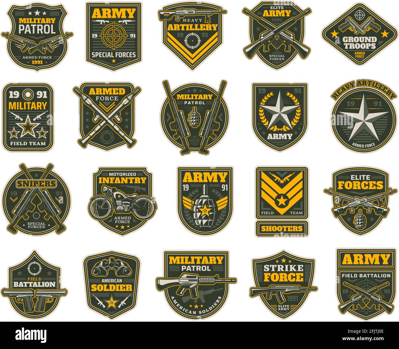 Military and army patches or icons, vector chevrons for sniper, shooter, motorized infantry and elite forces. Field battalion, shooters and military p Stock Vector