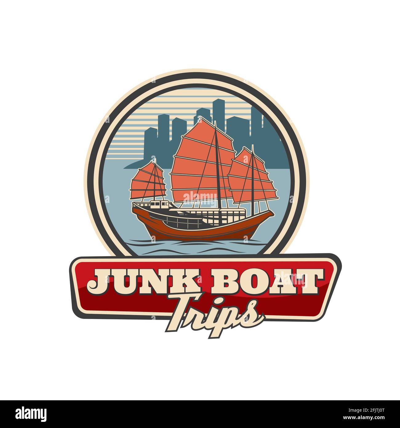 Junk boat with red sail, Hong Kong travel icon, vector sailboat in Chinese harbor. Retro emblem for traveling agency service, asian marine trip on vin Stock Vector