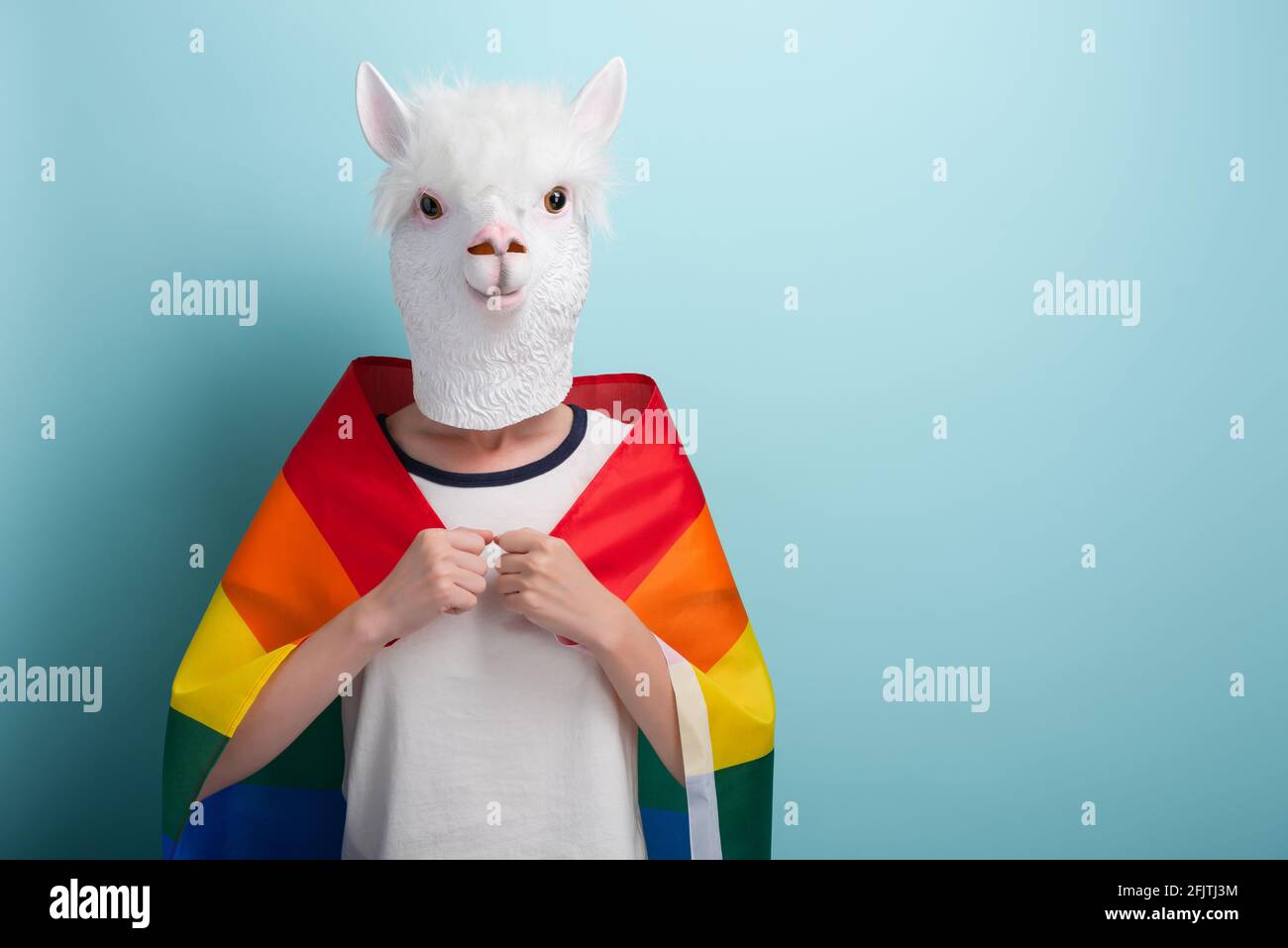 Young woman in lion mask proudly hold rainbow lgbt pride flag wrapped around the shoulders, isolated on blue background with copy-space. Stock Photo