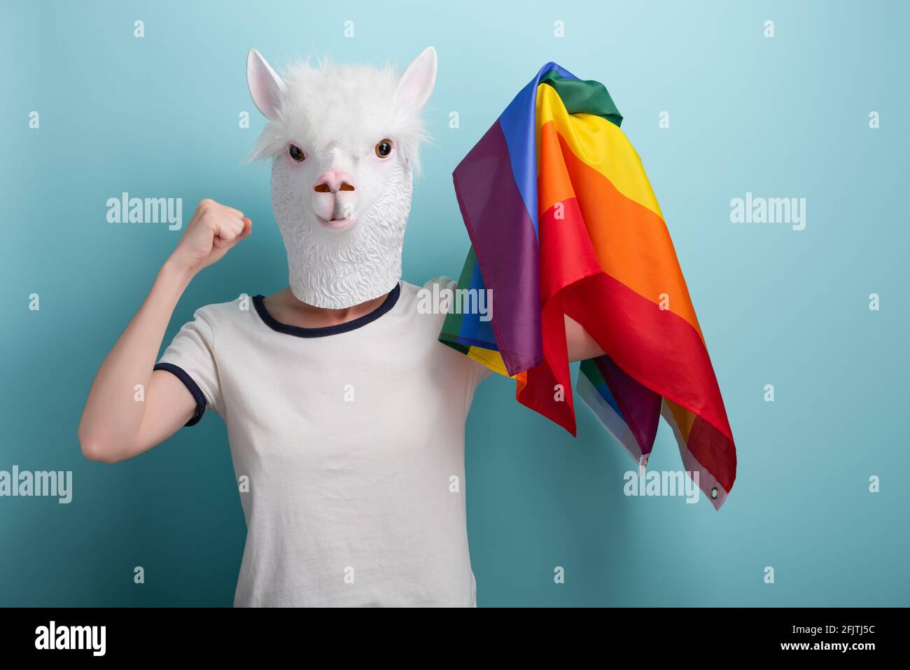 Young woman in alpaca mask hold rainbow lgbt pride flag and show raised fist, isolated on blue background. Stock Photo