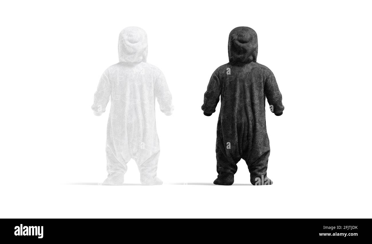 Blank black and white kid plush jumpsuit with hood mockup, 3d rendering. Empty childhood cloth pajama or bodysuit mock up, back view, isolated. Clear Stock Photo
