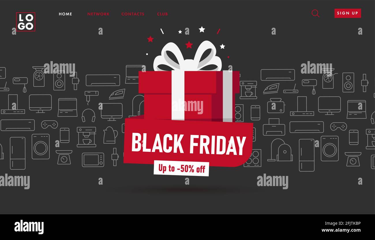 Black friday sale promo advertising poster with red gift box and electronics and kitchen home gadgets on the background, electronics shop promo Stock Vector