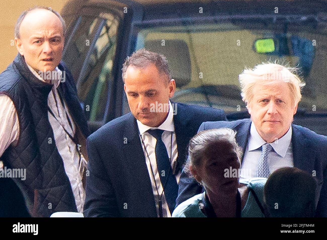 04/09/2019. London, UK.  Prime Minister Boris Johnson (L) and his special advisor Dominic Cummings (R) arrive at The Houses of Parliament ahead of the Prime Ministers first PMQs.  Photo credit: George Cracknell Wright Stock Photo