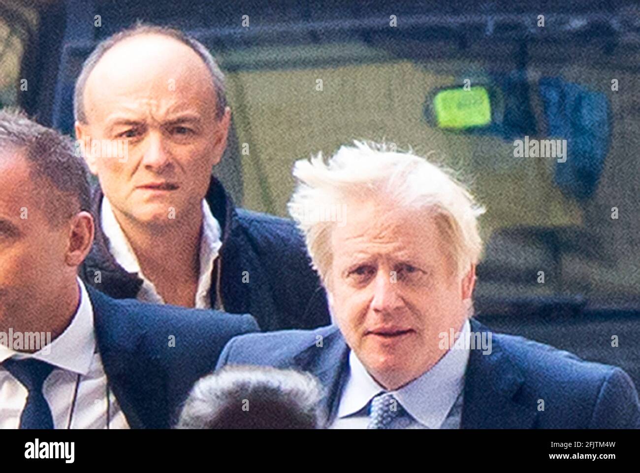 04/09/2019. London, UK.  Prime Minister Boris Johnson (R) and his special advisor Dominic Cummings (L) arrive at The Houses of Parliament ahead of the Prime Ministers first PMQs.  Photo credit: George Cracknell Wright Stock Photo