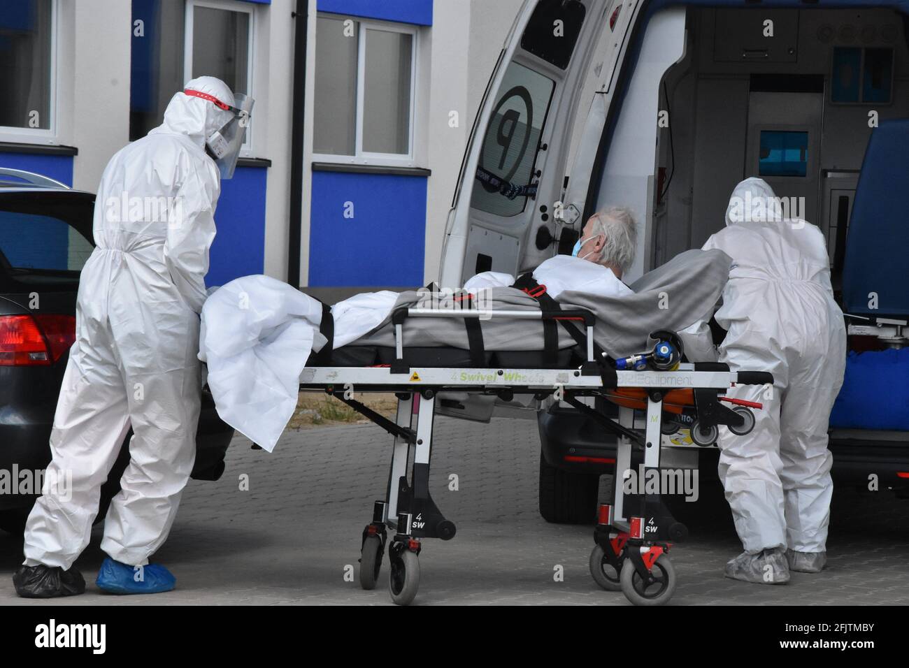 Legnica, Poland. 26th Apr, 2021. No consent to publish the image of a  patient infected with coronavirus.Ambulance with a patient infected with  COVID-19 The patient was hospitalized for an infectious disease hospital