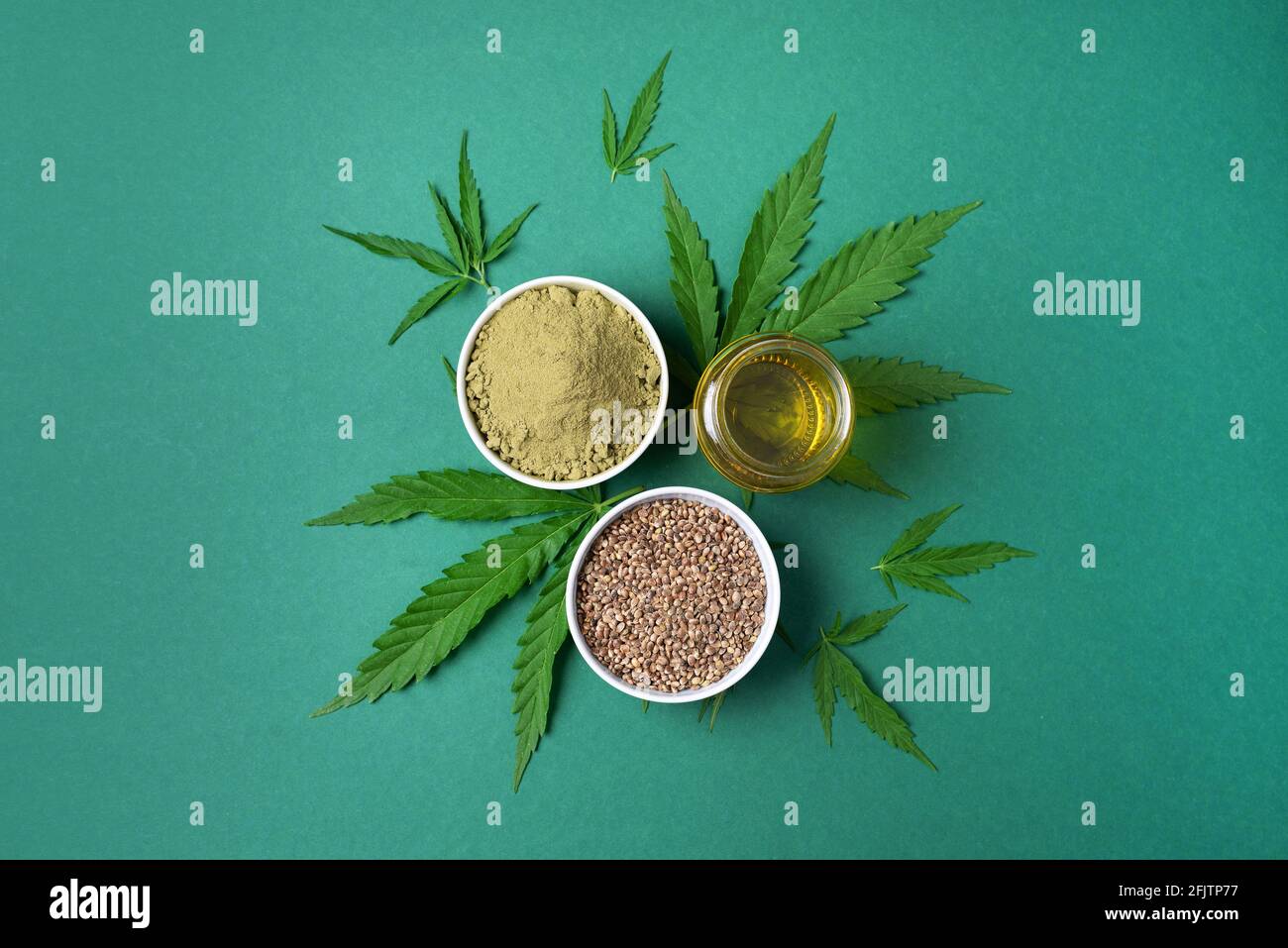 Different types of hemp extract products cannabis leaves, seeds, hemp