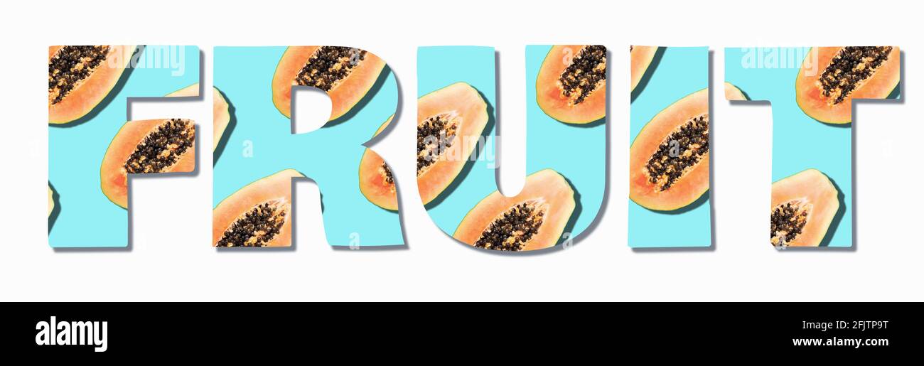 Inscription Fruit made with seamless papaya pattern. Tropical abstract background. Creative text and design, minimal concept. Summer tropical travel Stock Photo