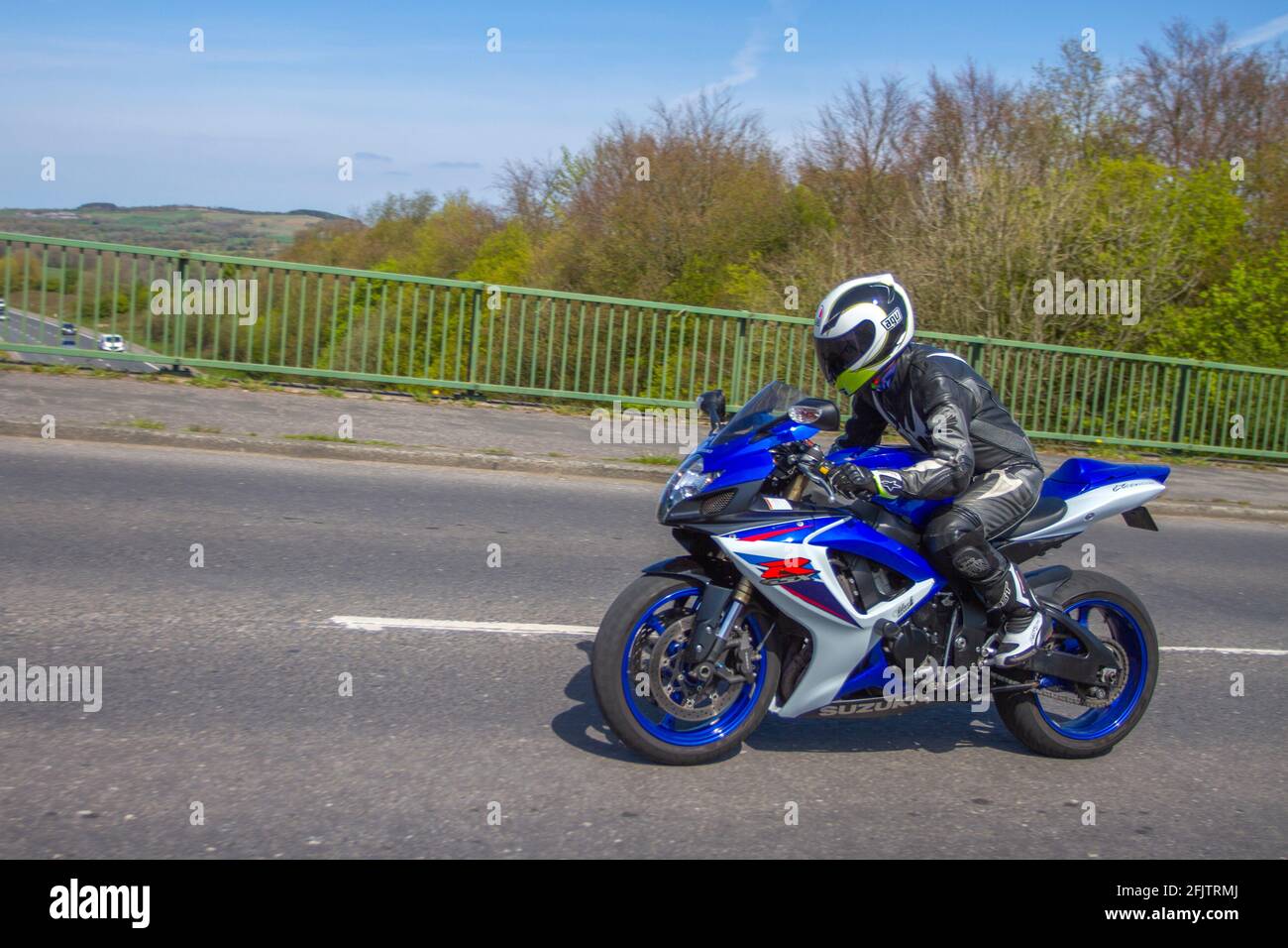 2008; Suzuki Gsxr 600 K7; blue white Motorbike rider; two wheeled transport, motorcycles, vehicle on British roads, motorbikes, motorcycle bike riders motoring in Manchester, UK Stock Photo