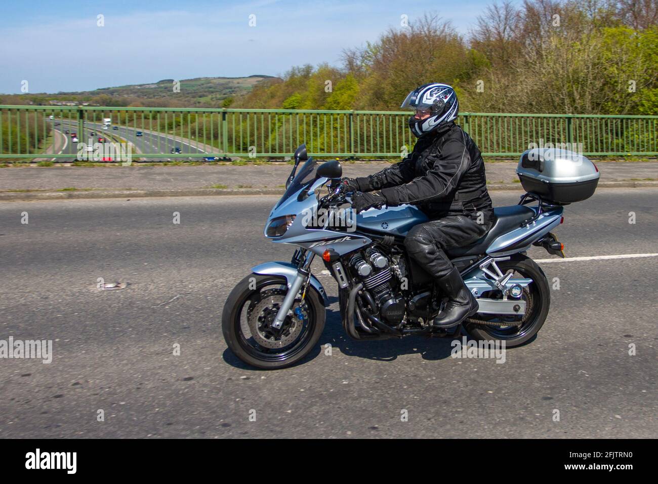 2003 Yamaha Fazer; Motorbike rider; two wheeled transport, motorcycles, vehicle on British roads, motorbikes, motorcycle bike riders motoring in Manchester, UK Stock Photo