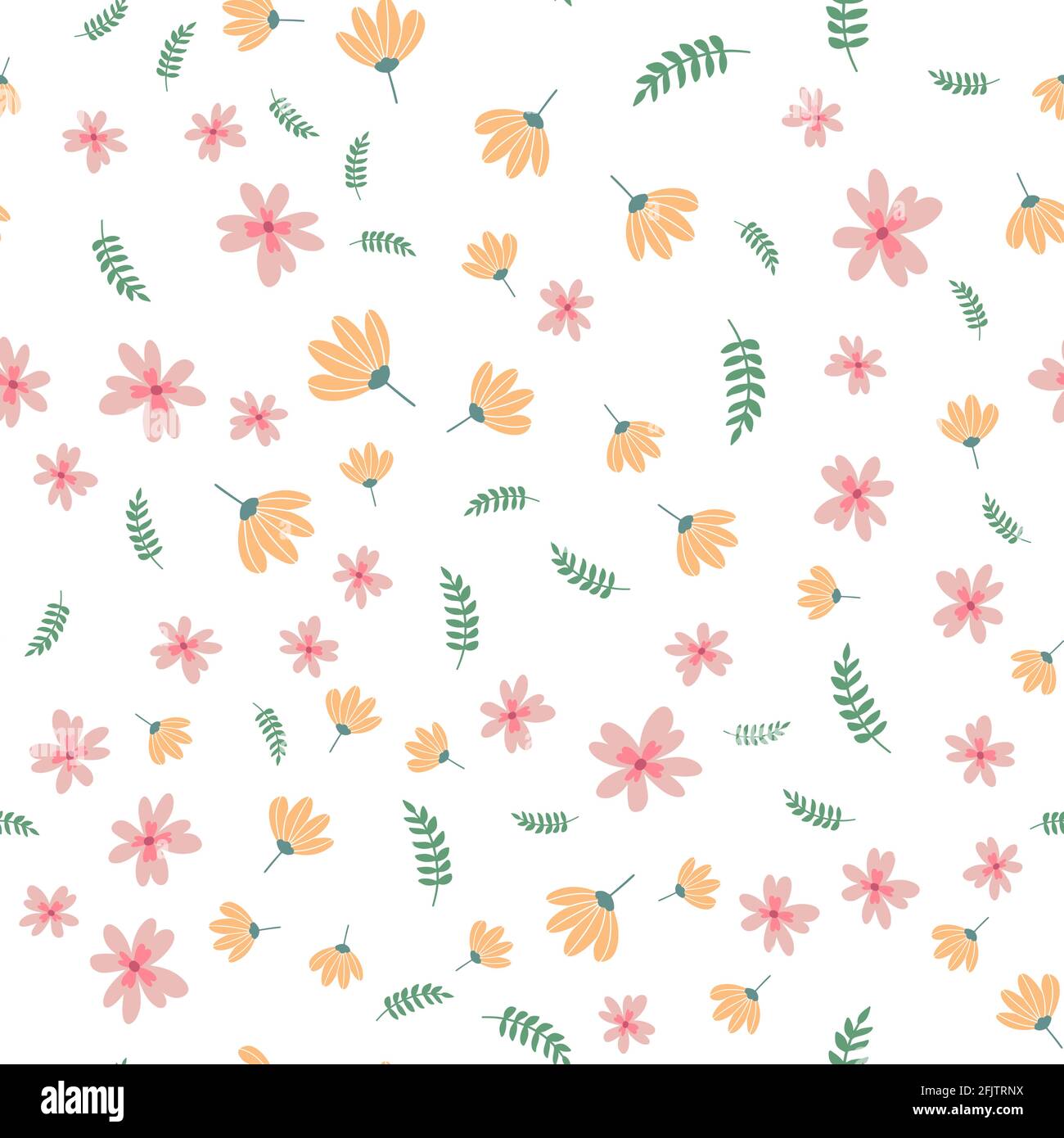 Vector floral pattern in doodle style with flowers and leaves. Gentle ...