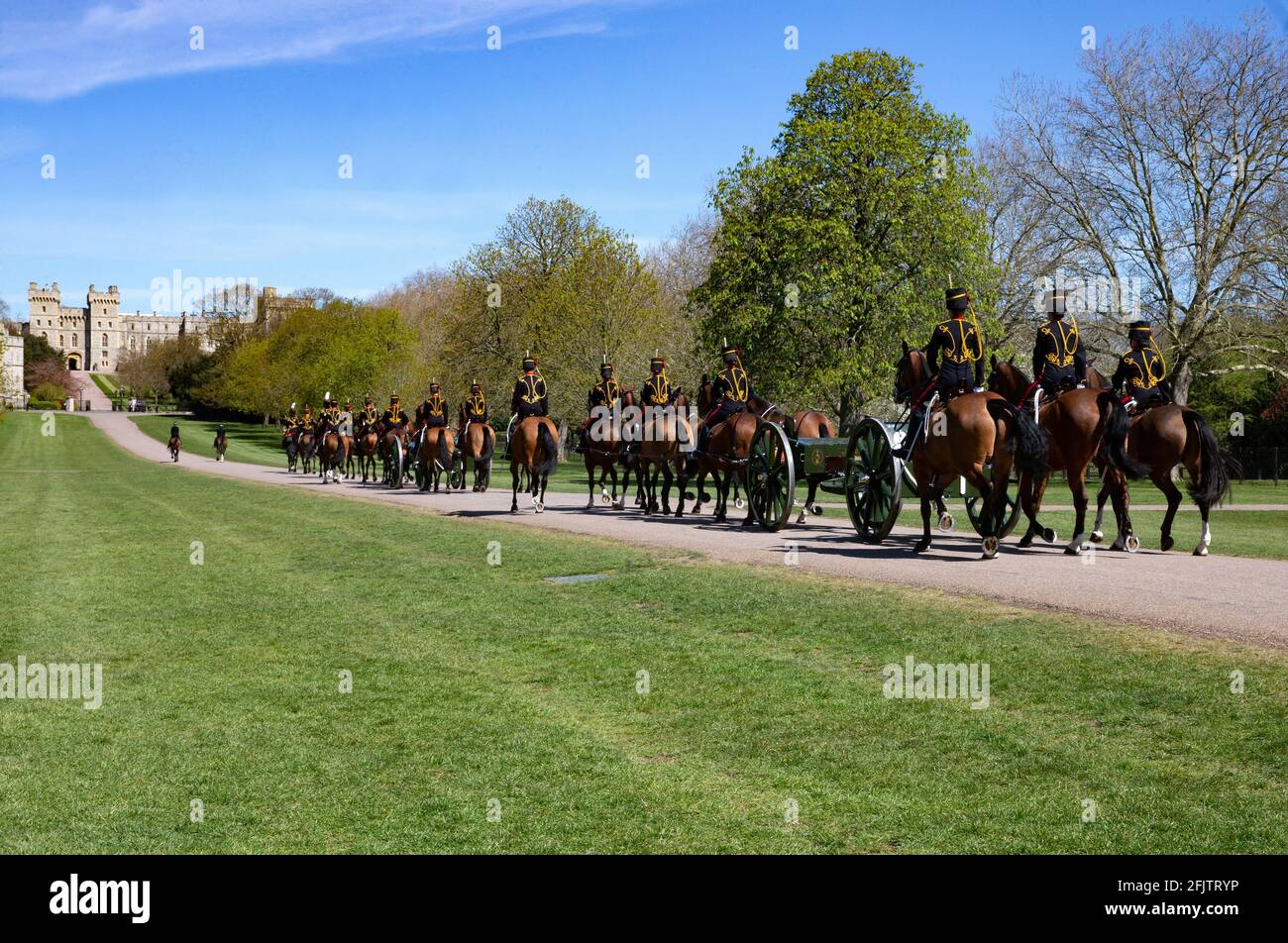 The King's Troop march down the Long Walk to Windsor Castle at the
