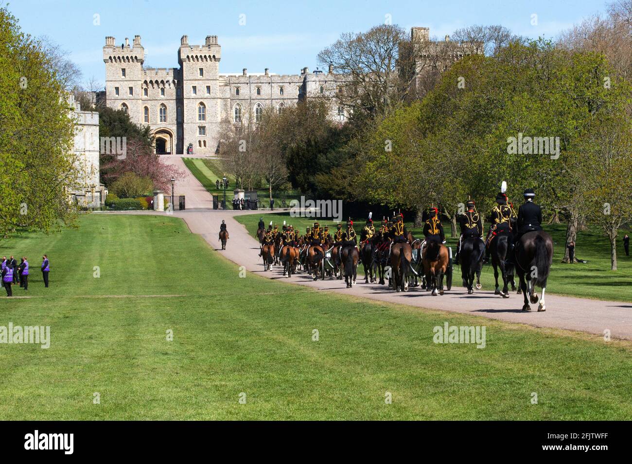 The King's Troop march down the Long Walk to Windsor Castle at the Funeral of the Duke of Edinburgh. Prince Philip was buried in St George's Chapel. Stock Photo
