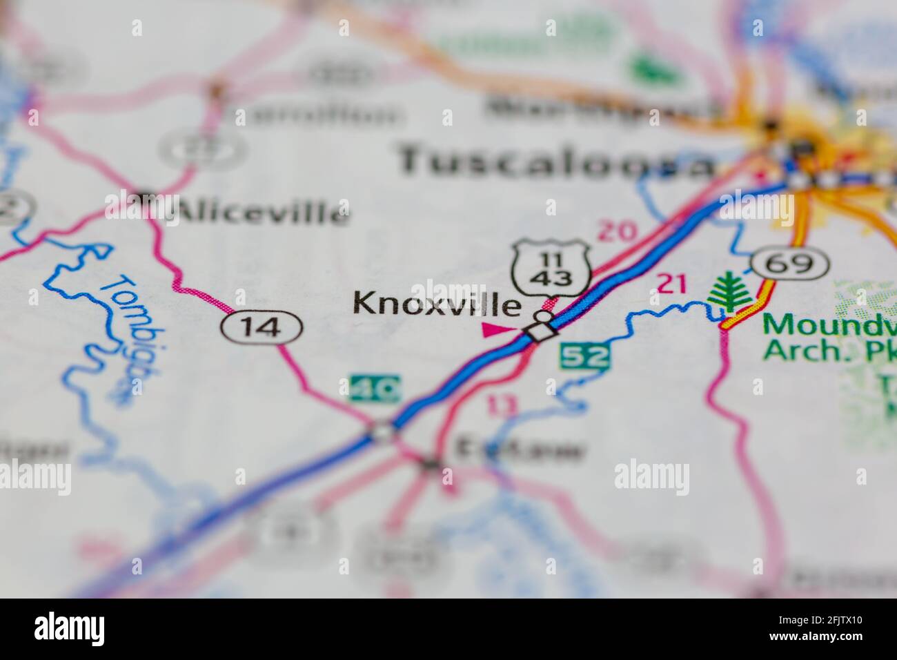Knoxville Alabama USA shown on a road map or geography map Stock Photo
