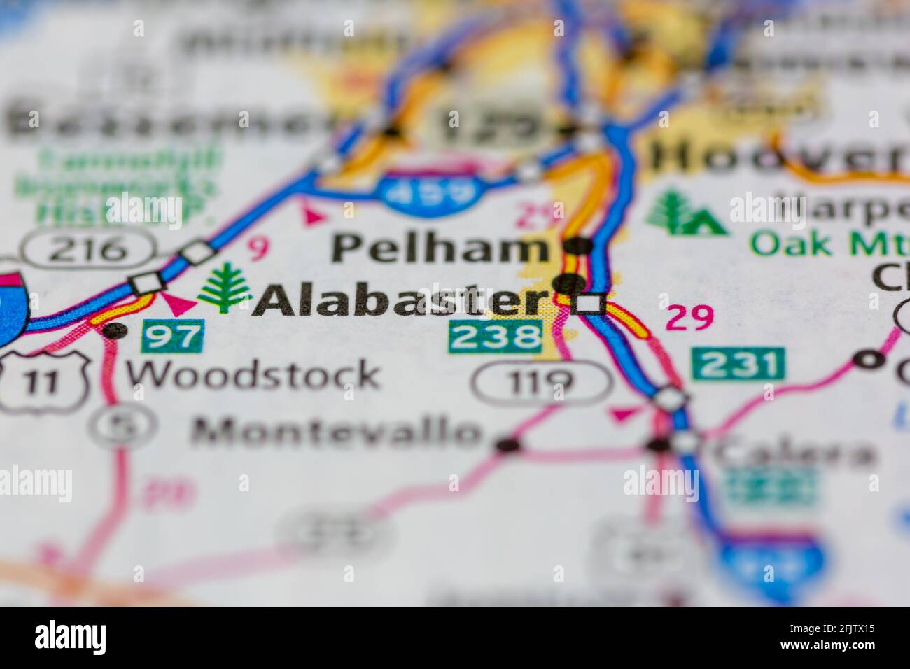 Alabaster Alabama USA shown on a road map or geography map Stock Photo
