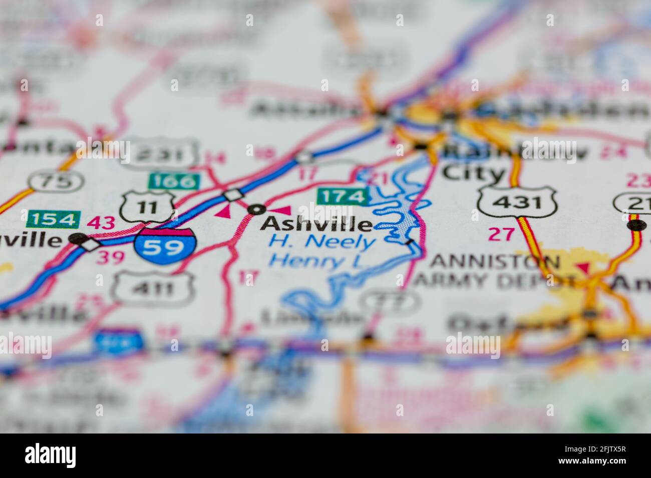 Ashville Alabama USA shown on a road map or geography map Stock Photo