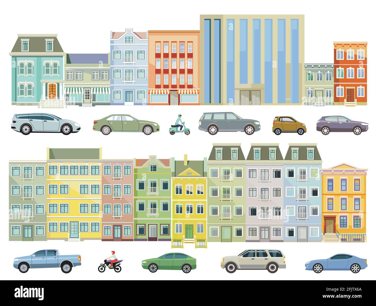 Houses in the city with cars on the street, illustration isolated Stock Vector