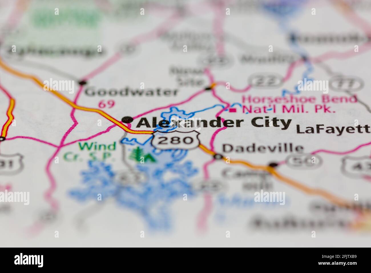 Alexander City Alabama USA shown on a road map or geography map Stock Photo