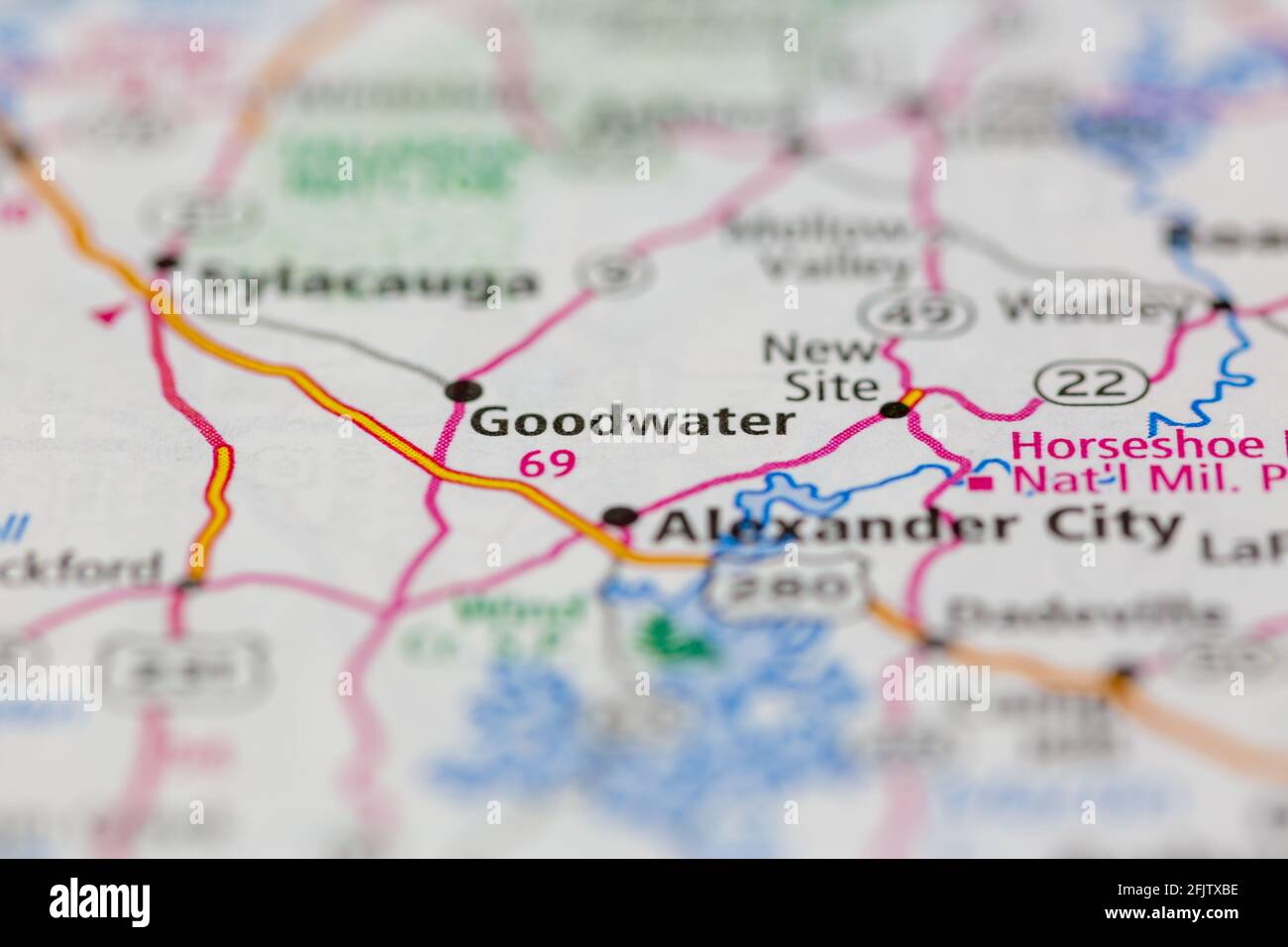Goodwater Alabama USA shown on a road map or geography map Stock Photo