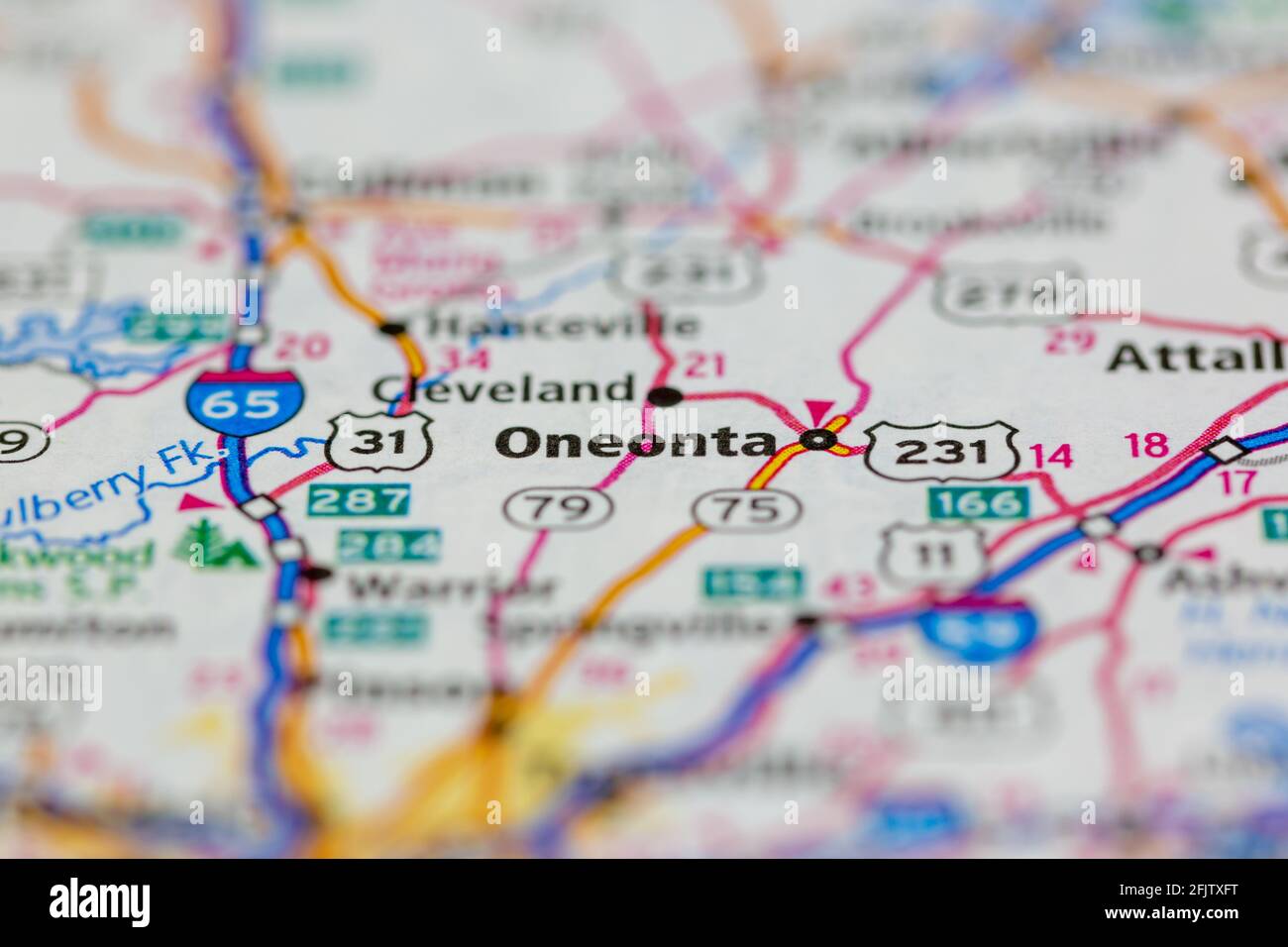 Oneonta Alabama USA shown on a road map or geography map Stock Photo