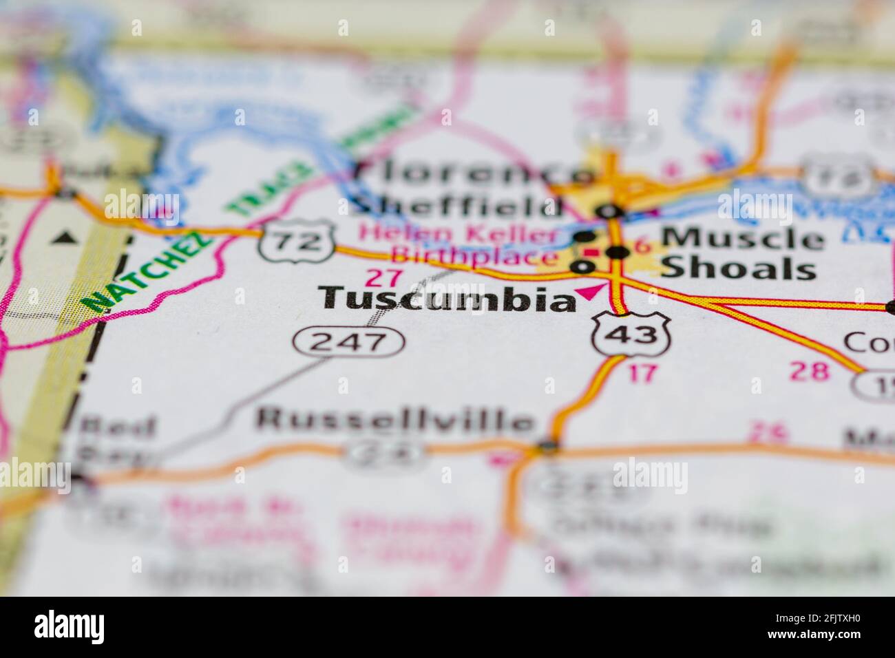 Tuscumbia Alabama USA shown on a road map or geography map Stock Photo