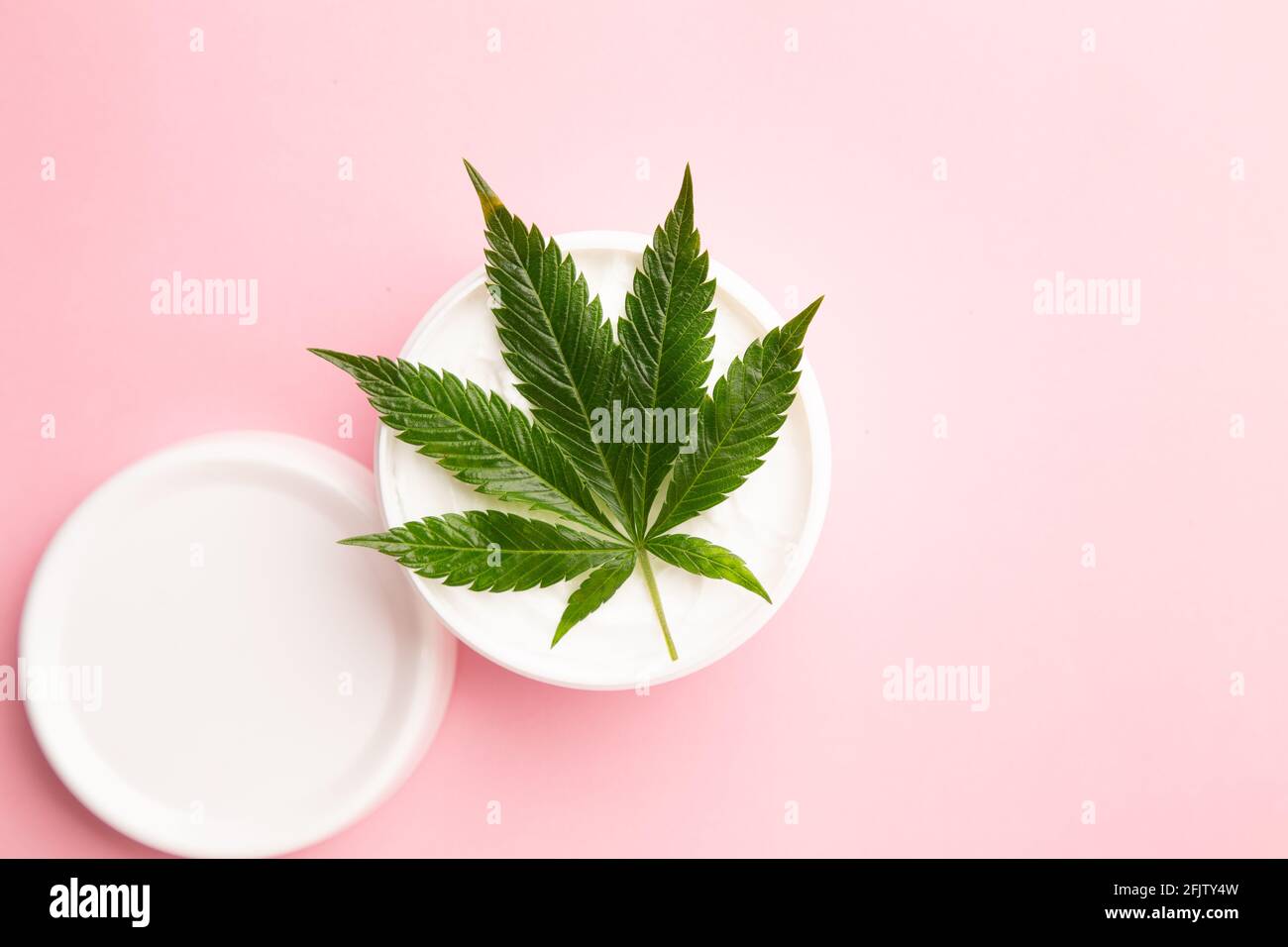 medicinal medicine cbd infused topical lotion for pain and inflammation relief on a pink background, cannabis plant on lotion Stock Photo