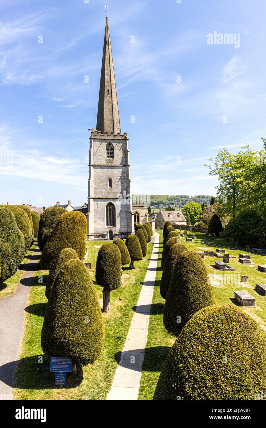 St Marys church with some of its 99 yew trees in the Cotswold village of Painswick, Gloucestershire UK Stock Photo
