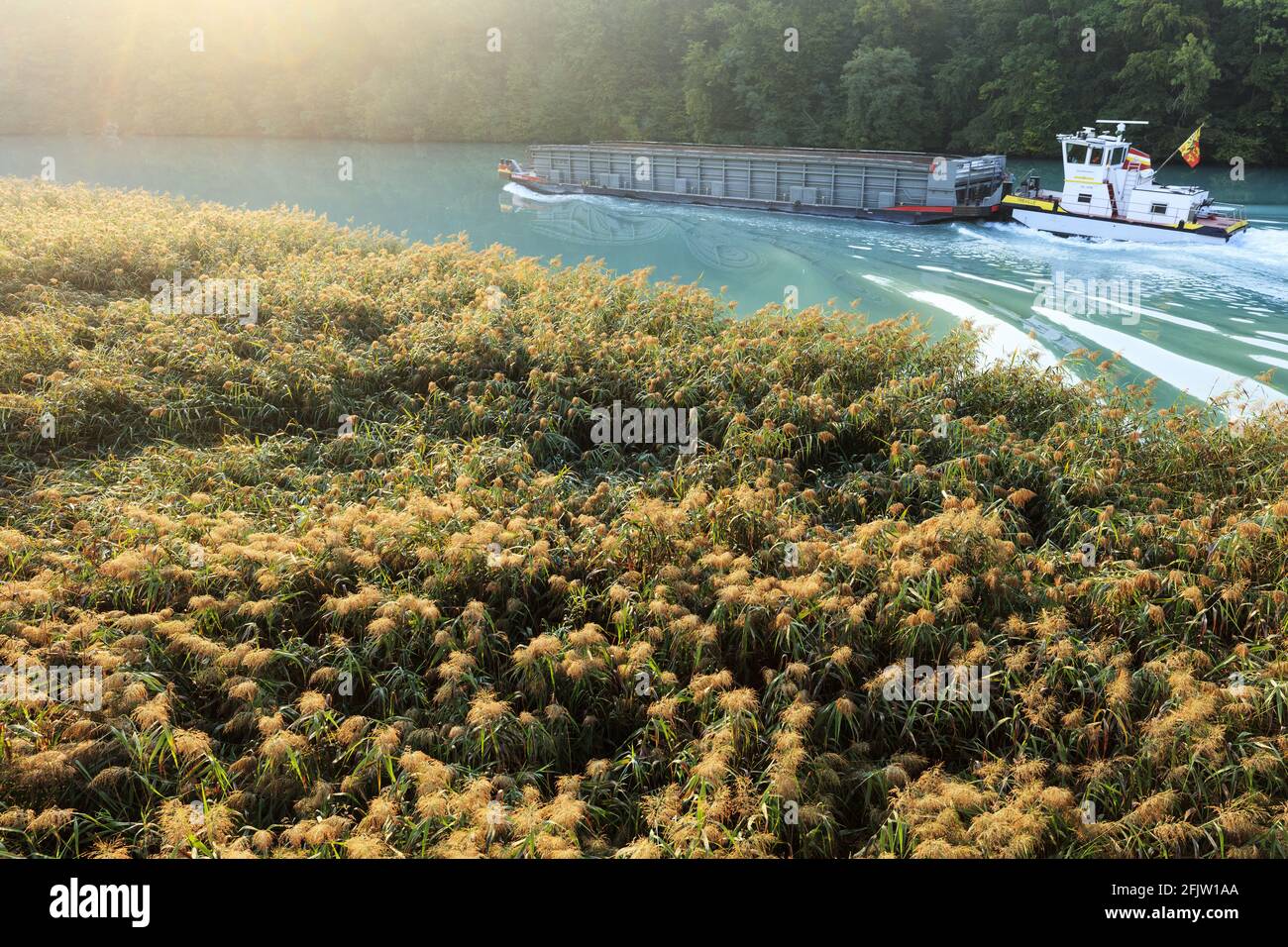 Switzerland, Canton of Geneva, Vernier, navigation of a barge on the Rhone river Stock Photo