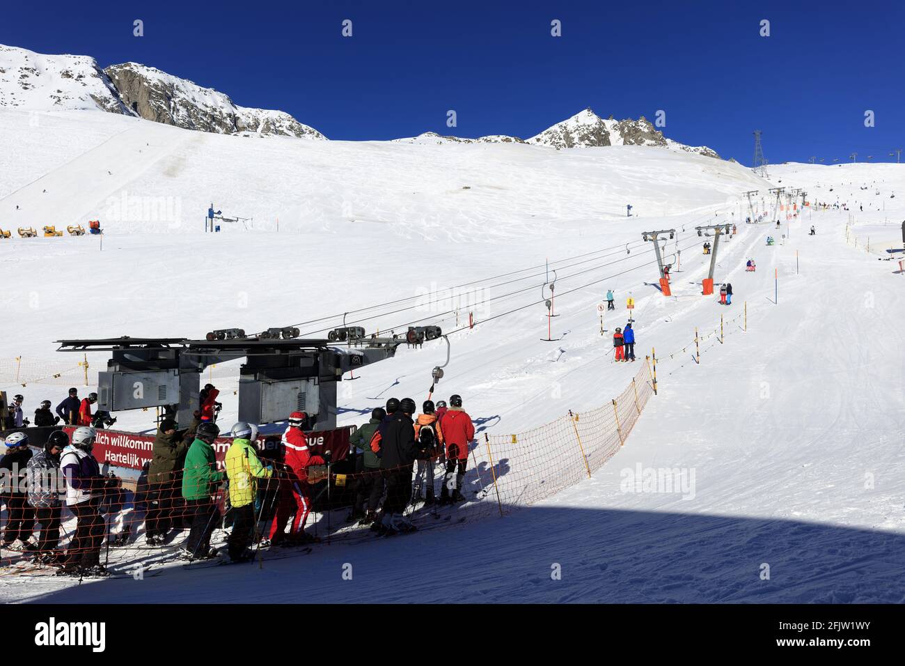 Switzerland, Canton of Valais, Fiesch, ski resort of Fiescheralp, downhill skiing, skier Stock Photo