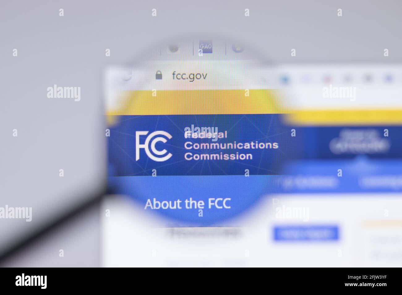 New York, USA - 26 April 2021: Federal Communications Commission FCC logo close-up on website page, Illustrative Editorial Stock Photo