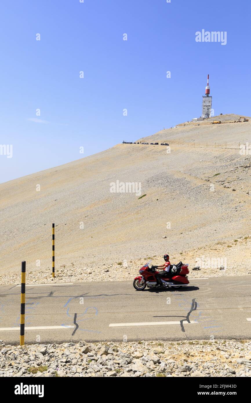 France, Vaucluse, Parc Naturel Regional du Mont Ventoux, Bedoin, Mont  Ventoux (1912 m), Col des Tempetes, southern slope, road D974, motorbike  Stock Photo - Alamy