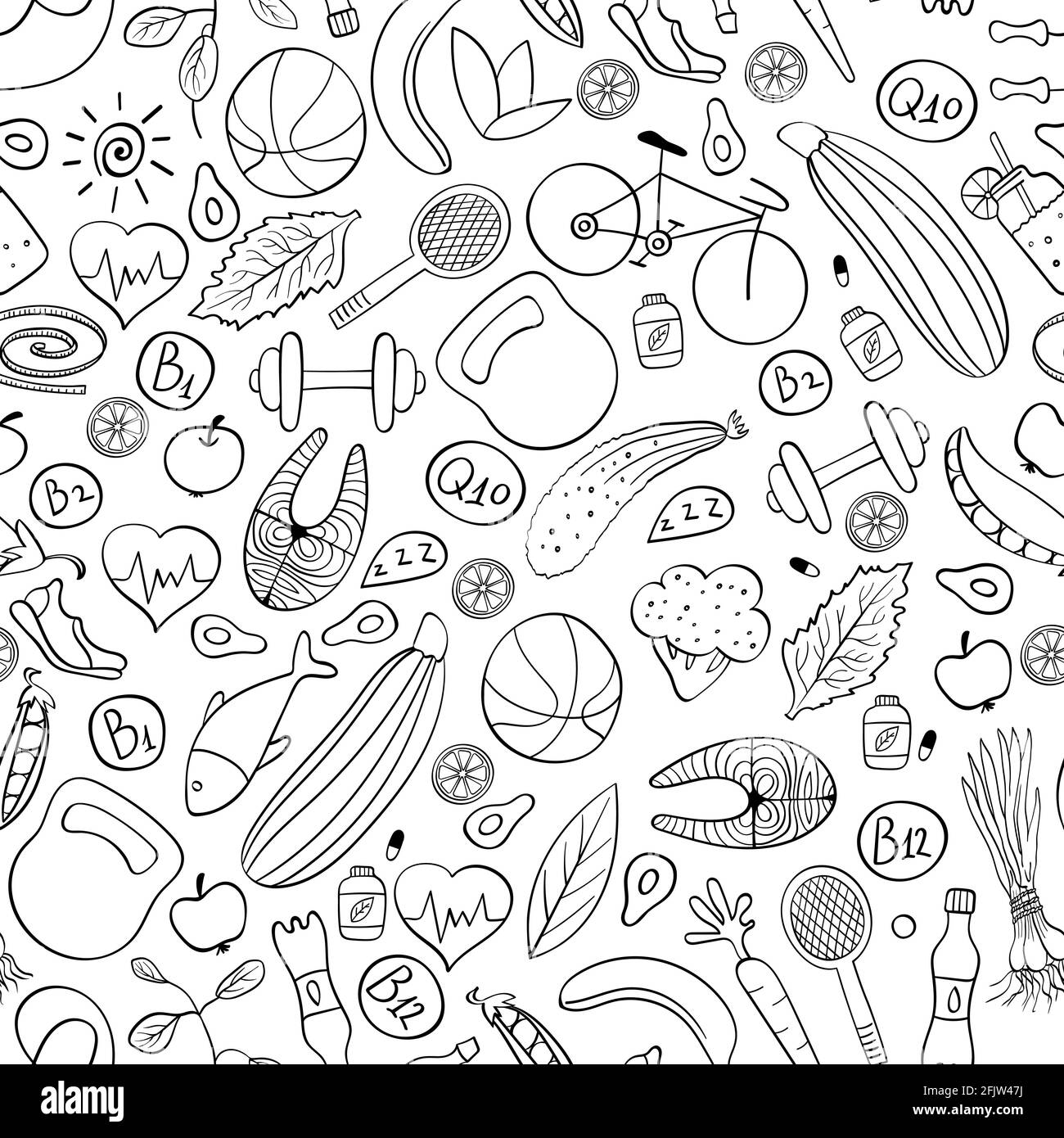 Healthy lifestyle seamless pattern. Black doodles on white background. Vector illustration. Stock Vector