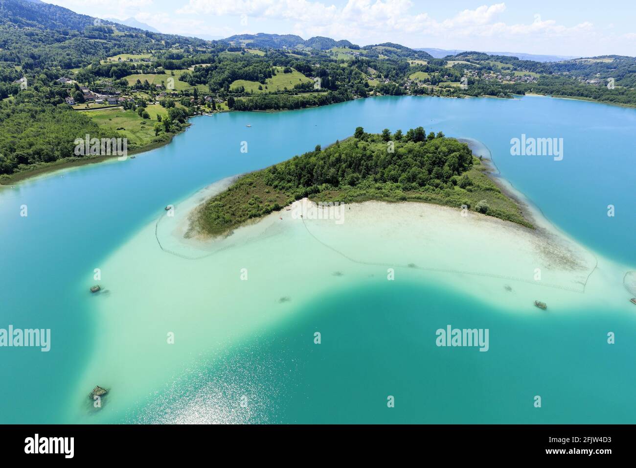 France, Savoie, Lac d'Aiguebelette, Grande ile, village of Lepin le Lac in the background (aerial view) Stock Photo