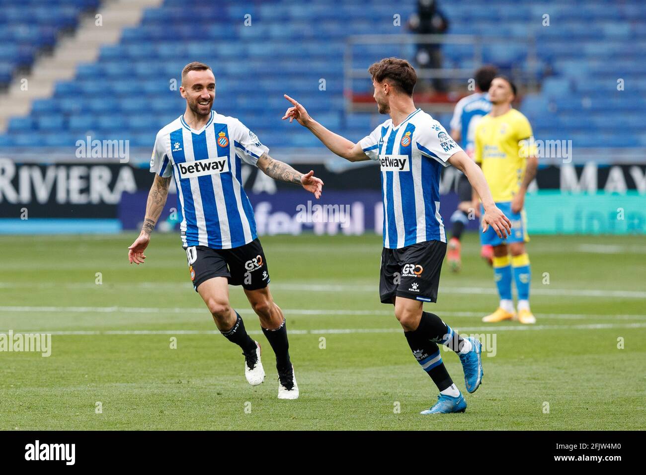 Barcelona, Spain. 24th Apr, 2021. Javier Puado of RCD Espanyol celebrates  his goal with Sergi Darder of RCD Espanyol during the Liga SmartBank match  between RCD Espanyol and UD Las Palmas at