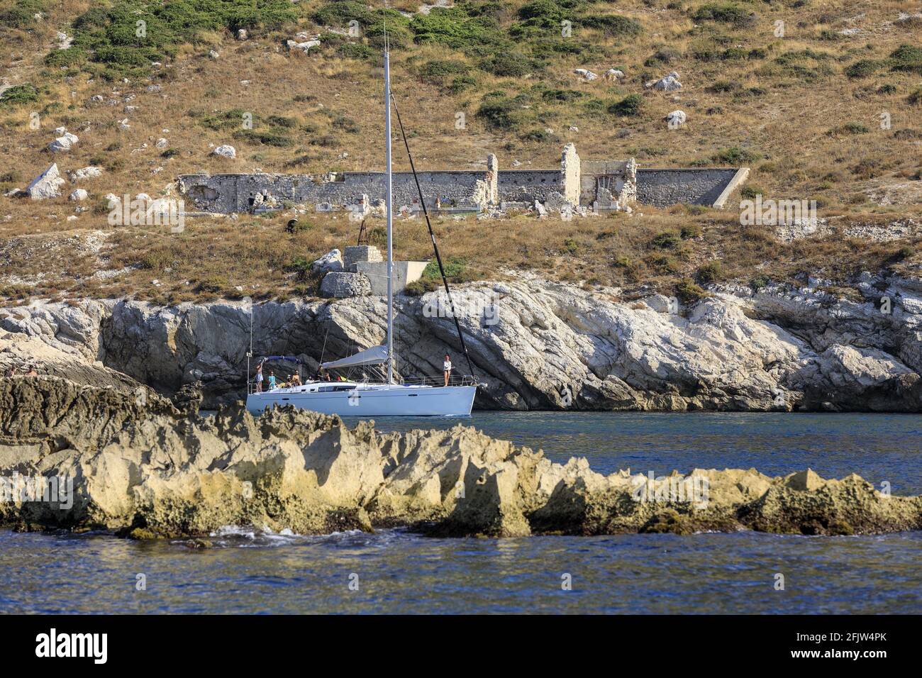 France, Bouches du Rhone, Calanques National Park, Marseille, 8th arrondissement, Goudes district, Cap Croisette, Baie des Singes, Ile Maire, sailboat Stock Photo