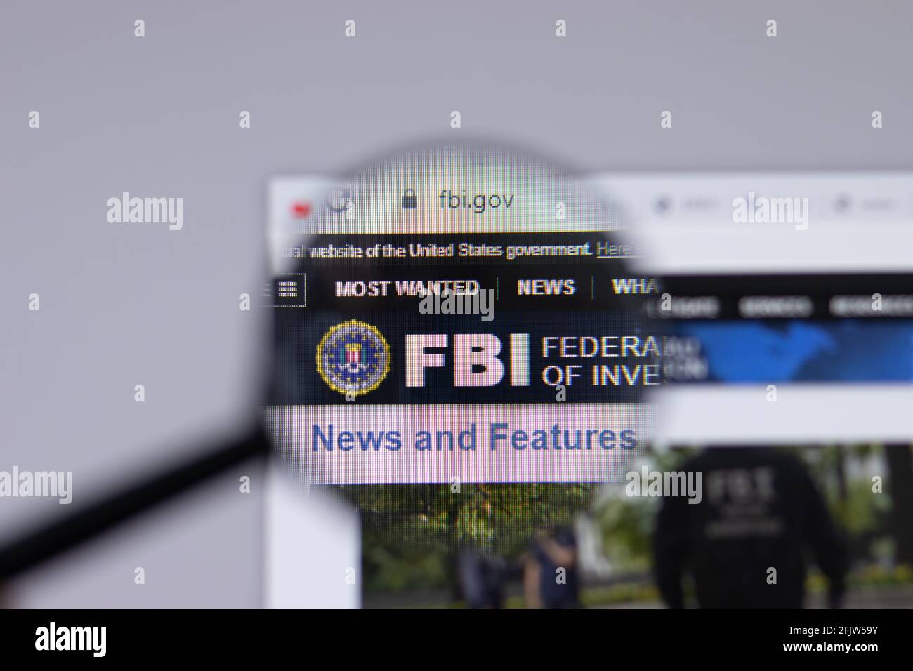 New York, USA - 26 April 2021: Federal Bureau of Investigation FBI logo close-up on website page, Illustrative Editorial Stock Photo