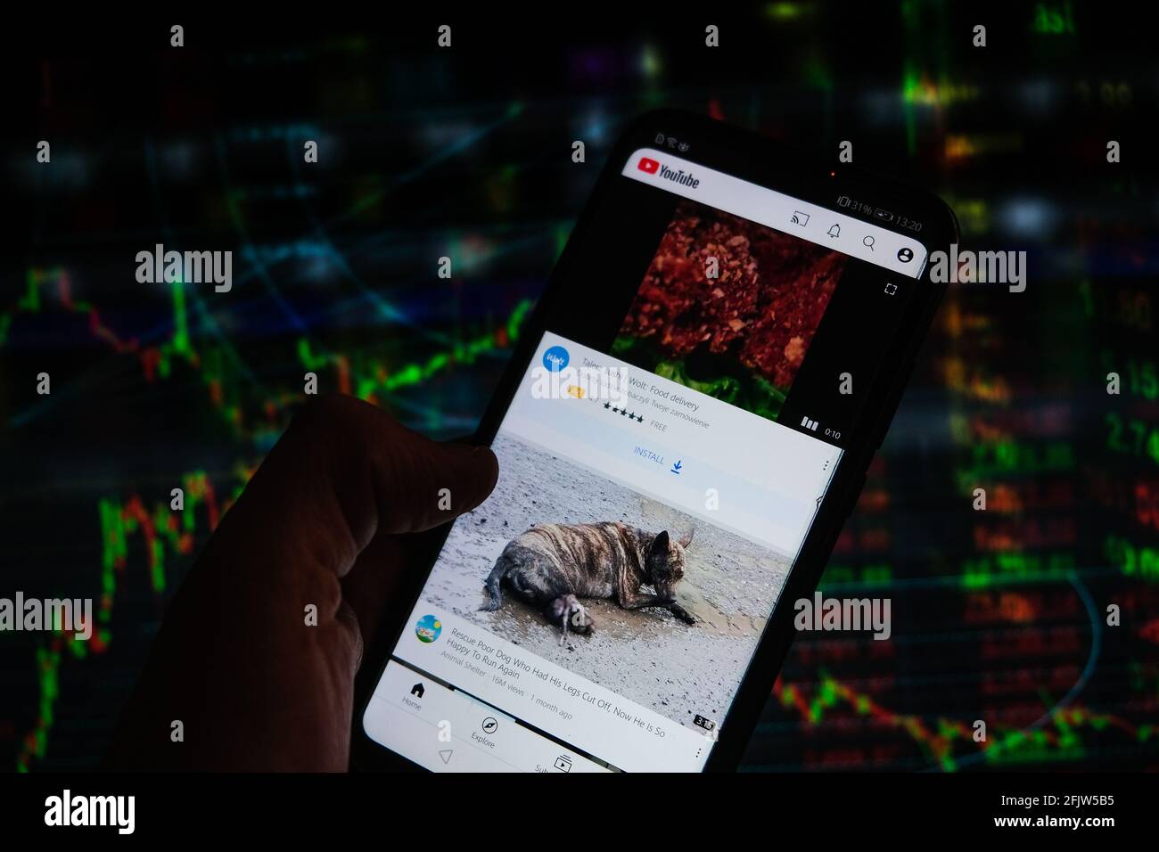 Poland. 26th Apr, 2021. In this photo illustration a YouTube App is  displayed on a smartphone with stock market percentages in the background.  (Photo by Omar Marques/SOPA Images/Sipa USA) Credit: Sipa USA/Alamy