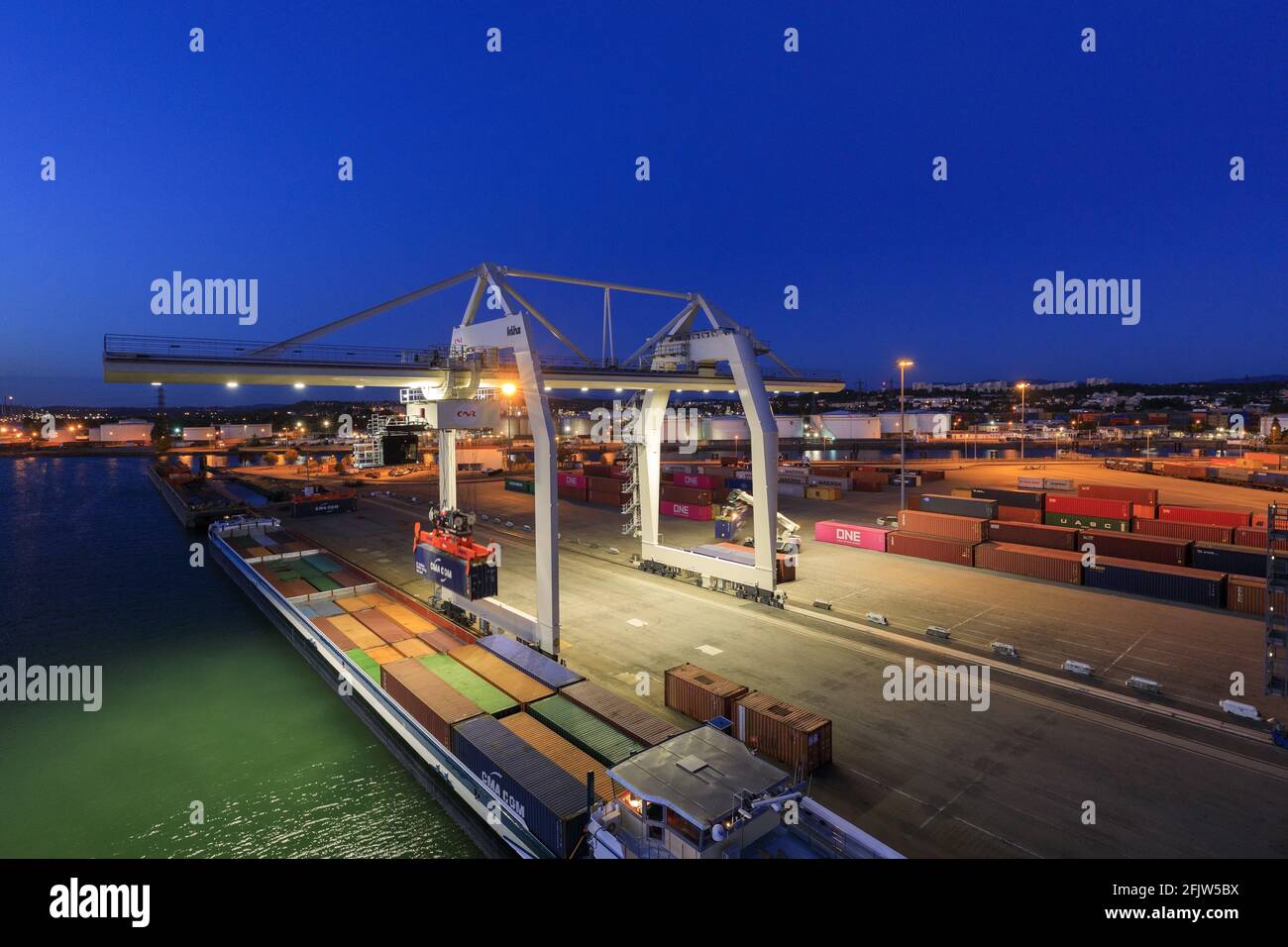 France, Rhone, Lyon, 7th arrondissement, Gerland district, port Edouard Herriot, container terminal Stock Photo