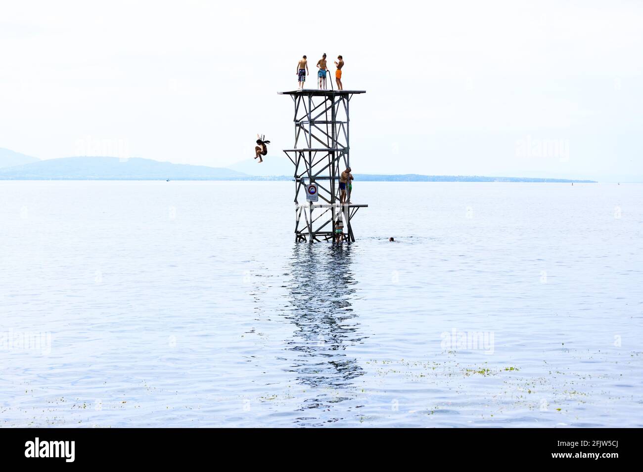 Switzerland, Canton of Vaud, Saint Prex, Lake Leman, Dames beach, diving board and swimming Stock Photo