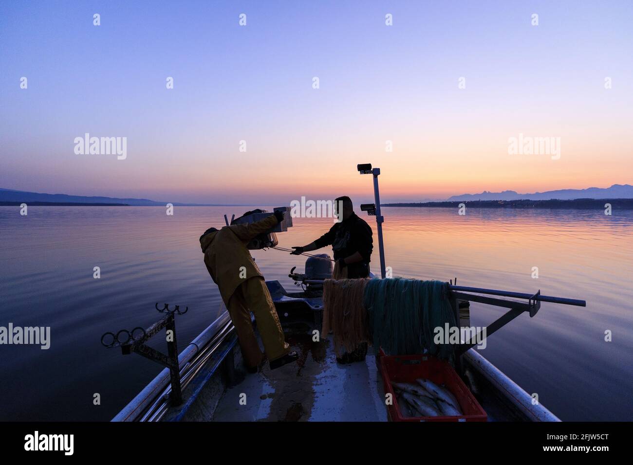 Switzerland, Canton of Vaud, Nyon, fishing on Lake Leman Stock Photo