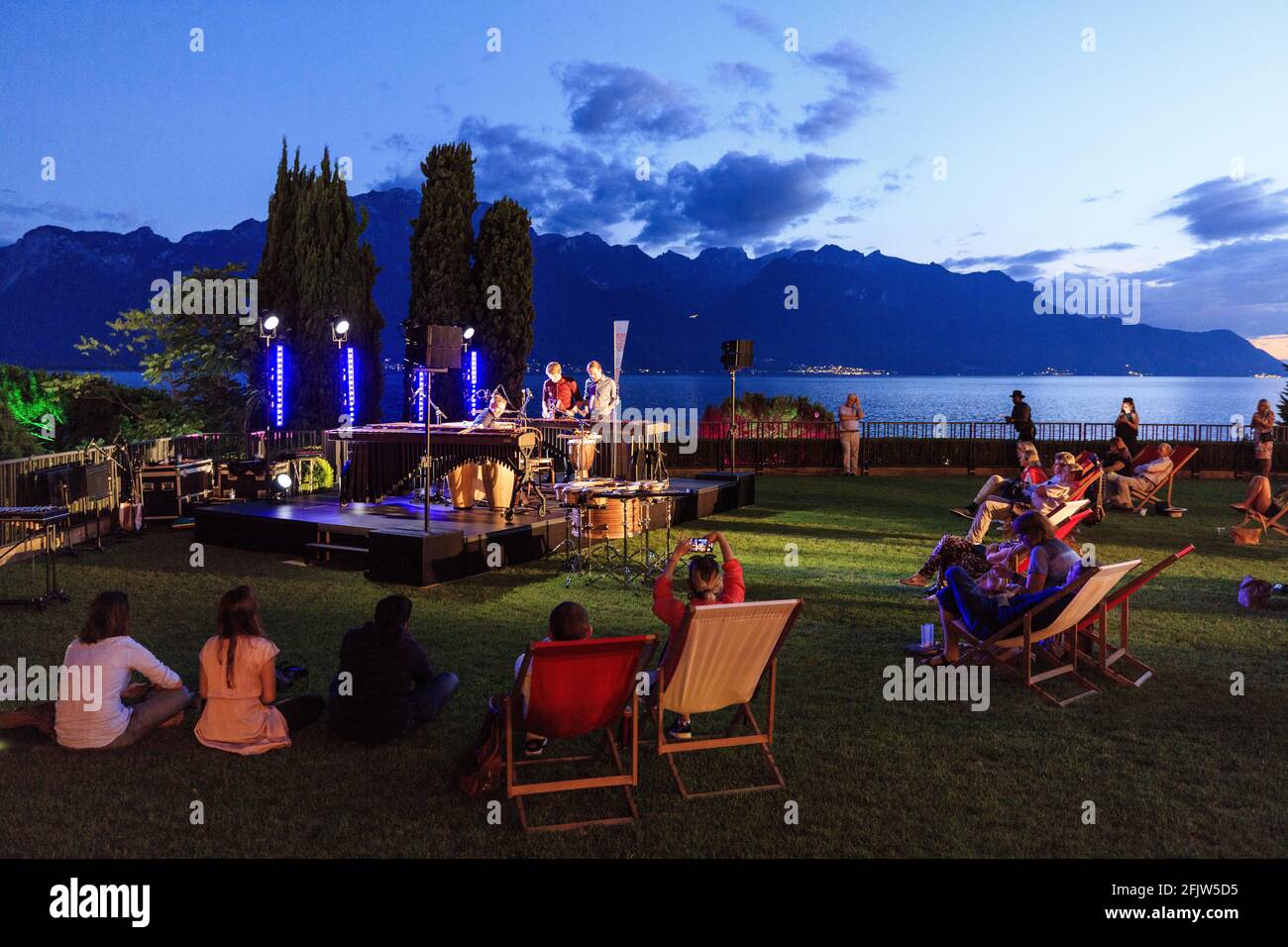 Switzerland, Canton of Vaud, Montreux, Lake Leman, Hotel Fairmont Le Montreux Palace, music festival in the gardens Stock Photo