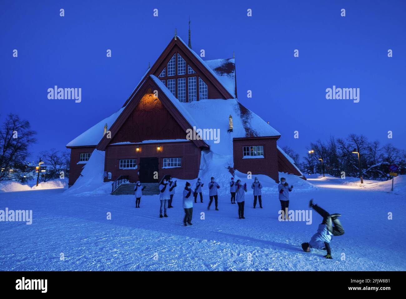 Sweden, Lapland, Kiruna, church or Kyrka, dance troupe performing a gospel Stock Photo