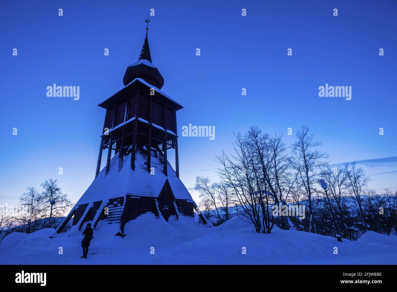 Sweden, Lapland, Kiruna, church or Kyrka, wooden bell tower Stock Photo