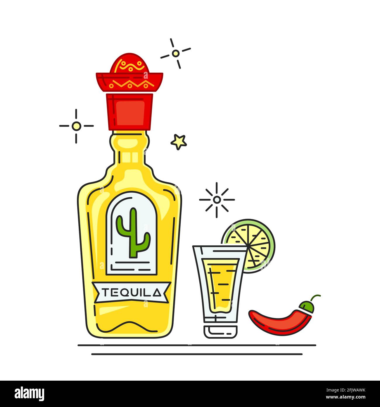 Tequila bottle icon flat, cartoon style isolated on white background. 