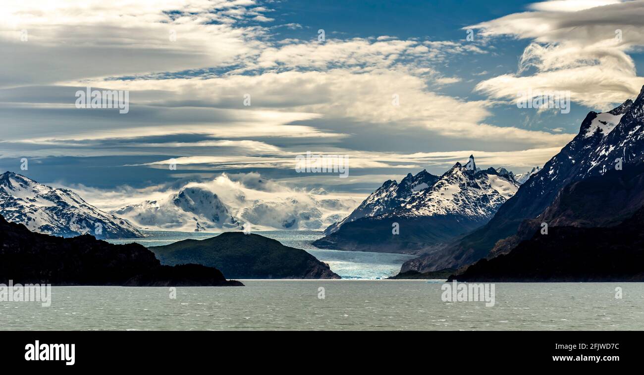 View of glacier at Lake grey and Isla de Los Hielos, Torres del Paine National Park, in Chile, South America Stock Photo