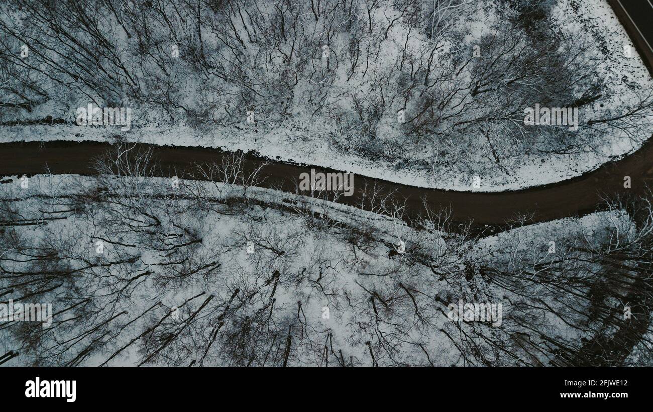 Aerial shot of a road in a forest covered in the snow on a gloomy day ...