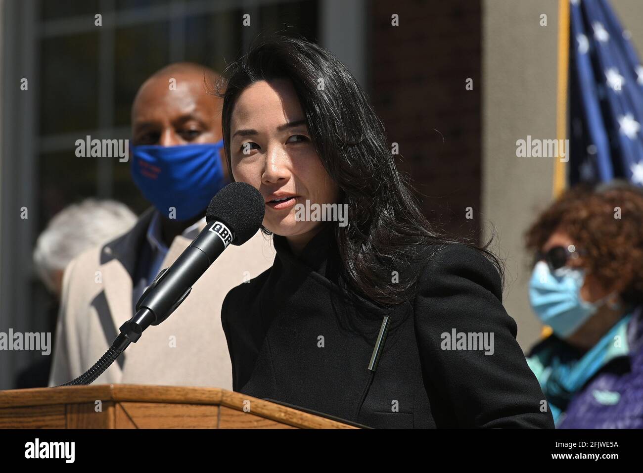 Former Queens Borough President Sharon Lee(2018 - 2002) speaks at a  ceremony honoring the late Claire Shulman, former Queens Borough President,  in front of Queens Borough Hall in New York, NY, April